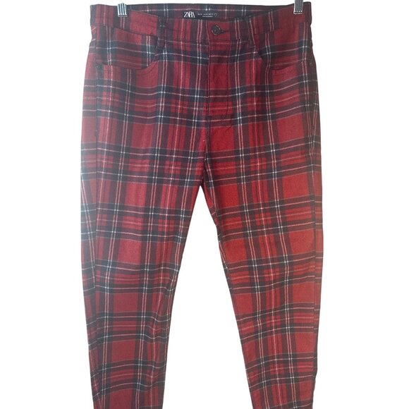 ZARA Red & Black Plaid Men Size 32 Slim Fit Trousers With Pockets - Picture 6 of 12
